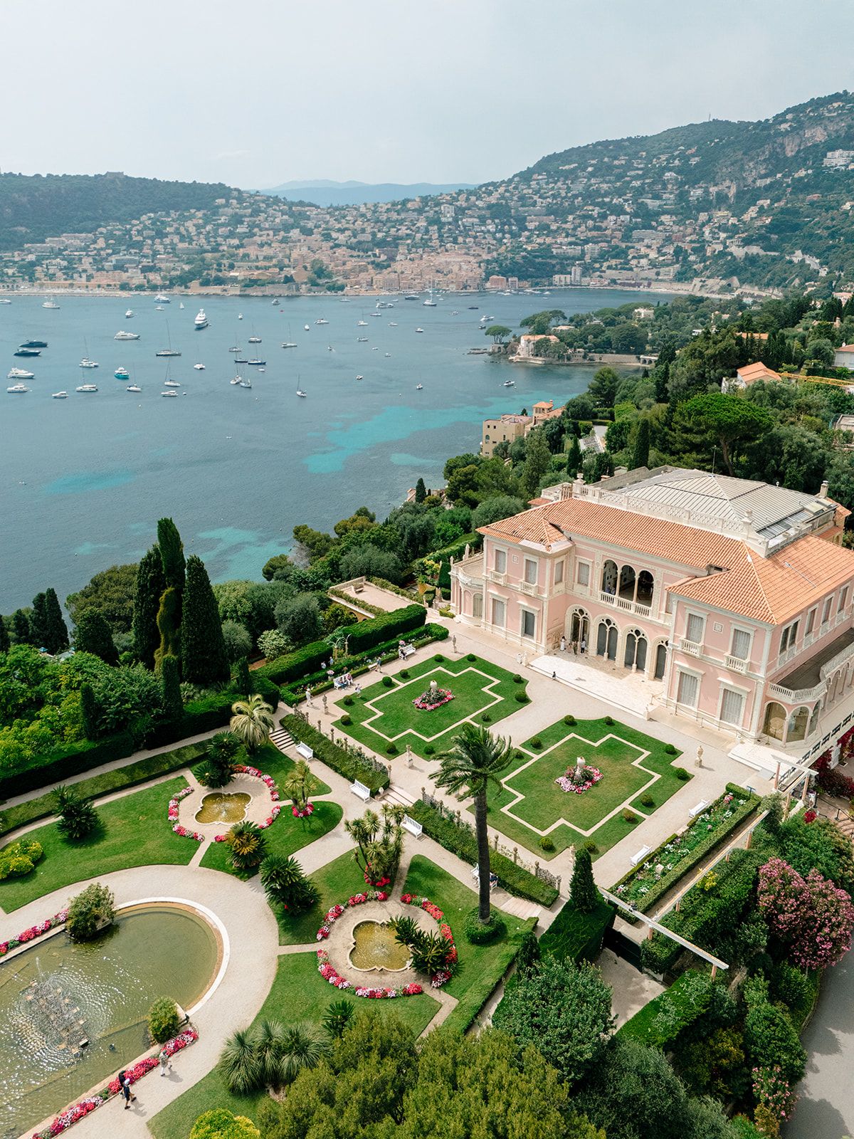 Aerial view of Villa Ephrussi de Rothschild above the Mediterranean in Saint-Jean-Cap-Ferrat
